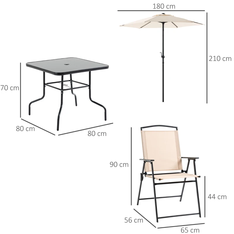 Outsunny Conjunto de Jardim Refeição com 4 Cadeiras Dobráveis Mesa e Chapéu de Sol Inclinável  80x80x70cm Bege
