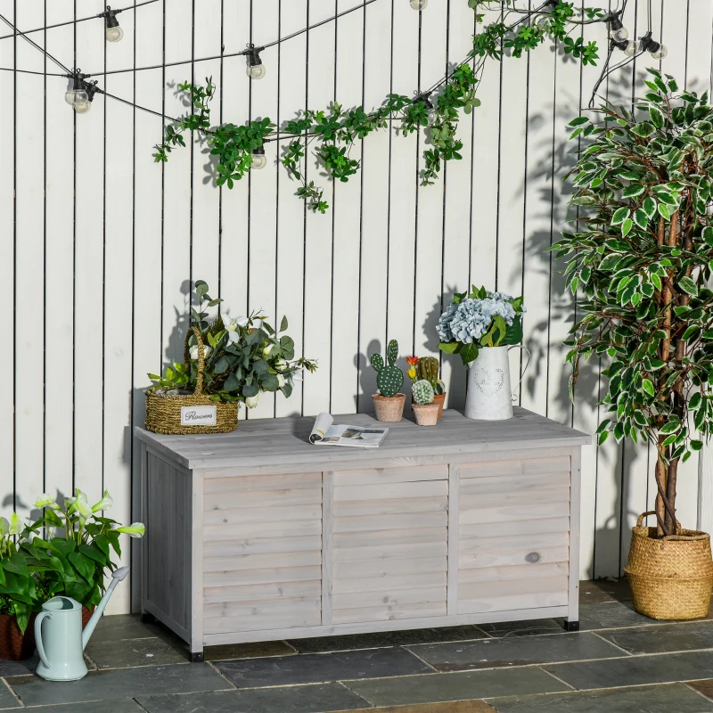 Outsunny Baúl de Madera Exterior Caja de Almacenamiento de Jardín con Tapa Abrible y Diseño Persiana 127x56x60 cm Madera Gris(m-2)
