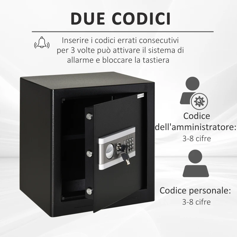 HOMCOM Cassaforte Elettronica in Acciaio Nero, con Chiave e 2 Codici PIN, Fissaggio a Muro o Pavimento, 38x31x42.7cm