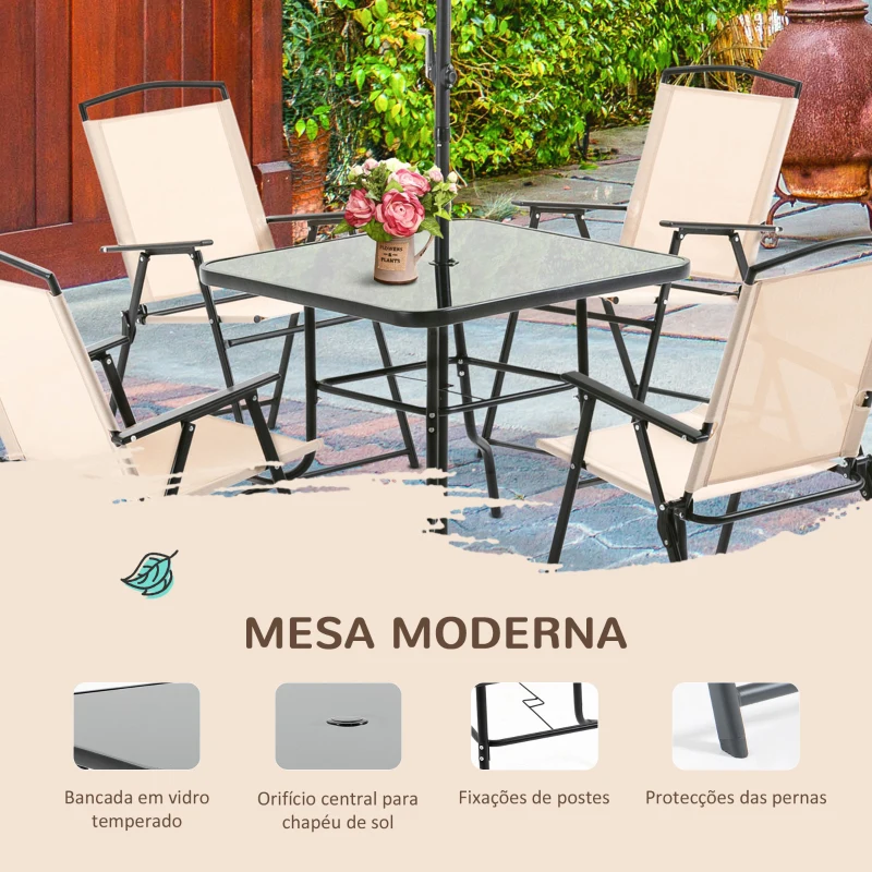 Outsunny Conjunto de Jardim Refeição com 4 Cadeiras Dobráveis Mesa e Chapéu de Sol Inclinável  80x80x70cm Bege