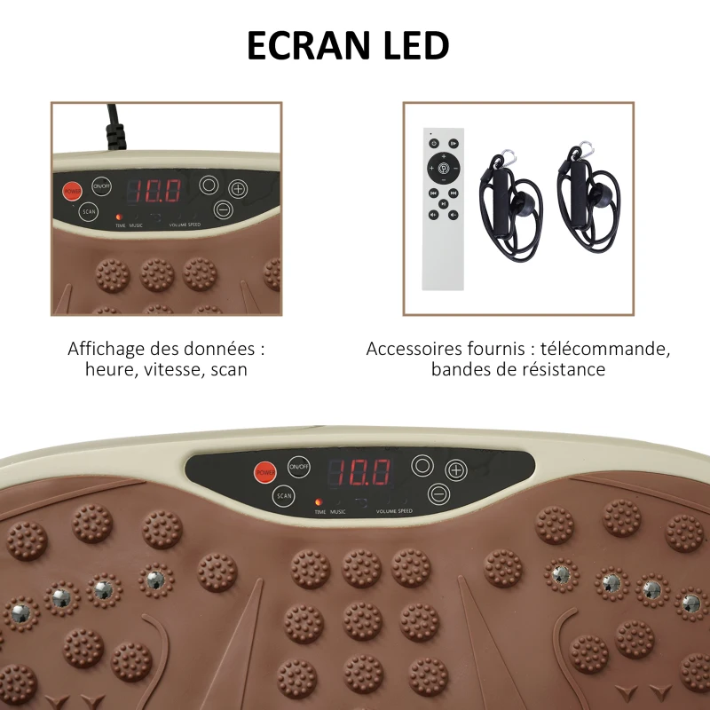 HOMCOM Plateforme vibrante oscillante 200 W écran LED vitesse réglable port USB télécommande et bandes de résistance inclus marron beige