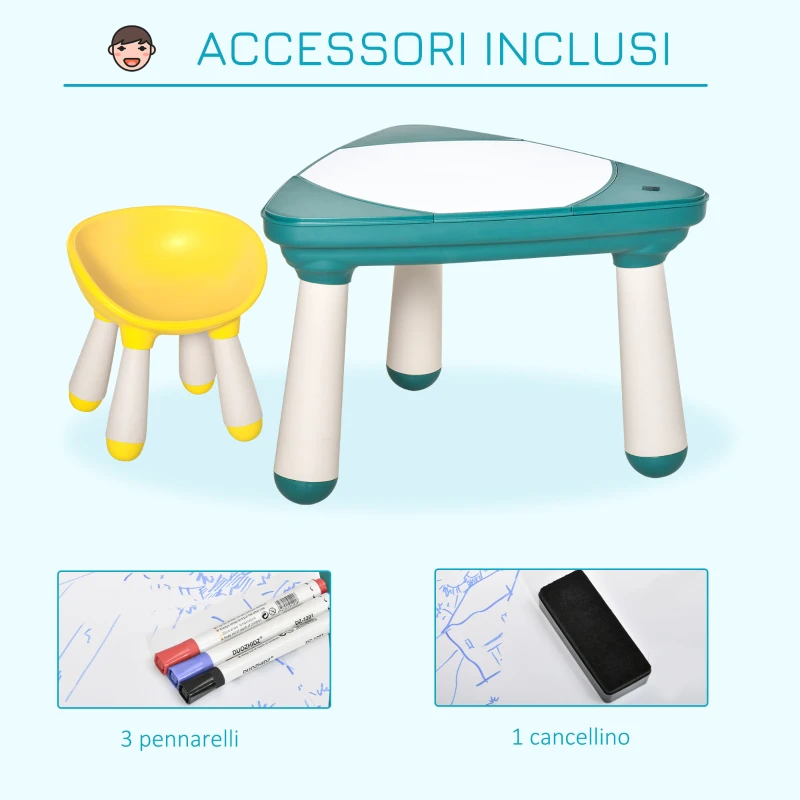 HOMCOM Tavolino per Bambini con Sedia e Vani Contenitore, Gioco Educativo Età 2-5 Anni, ABS e PP Atossici, Giallo e Verde