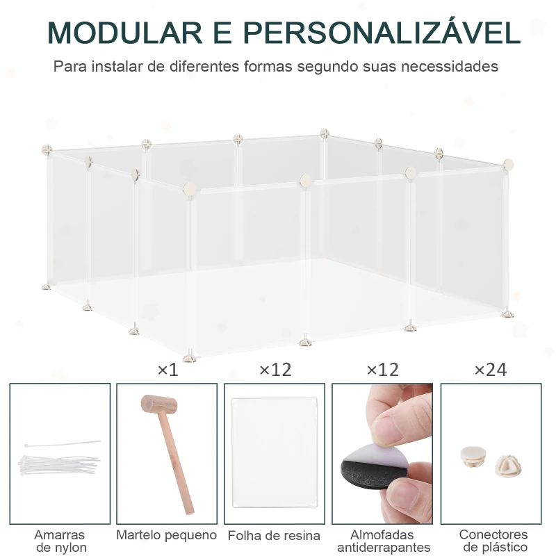 PawHut Recinto para Pequenos Animais Modular de Metal com 12 Painéis e 24 Conectores para Coelhos Porquinhos da Índia 105x105x45 cm Branco