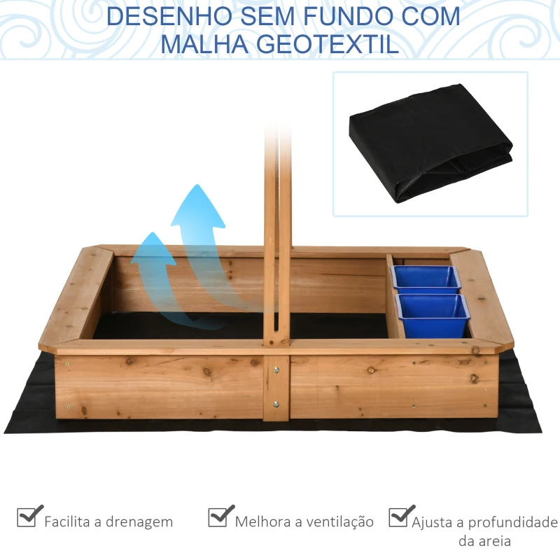 Outsunny Caixa de Areia de Madeira com Teto Inclinável com Altura Ajustável e 2 Baldes de Plástico Caixa de Areia de Jardim para Crianças acima de 3 Anos 107,5x107,5x110cm Natural