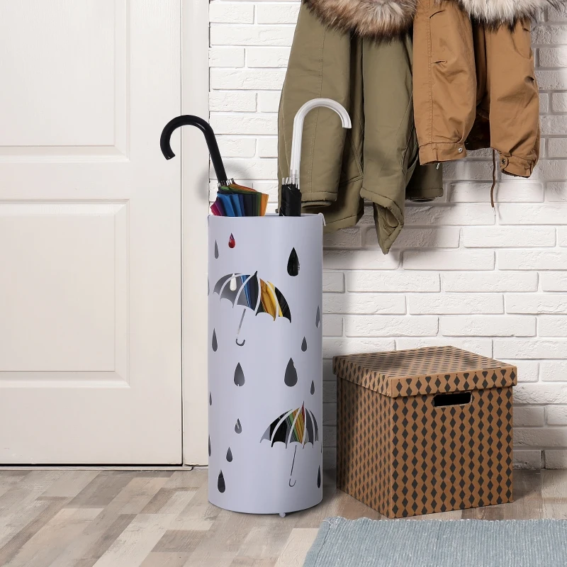 HOMCOM Portaombrelli Design Moderno con 2 Ganci e Salvagoccia, Metallo, Bianco, Φ19x50 cm