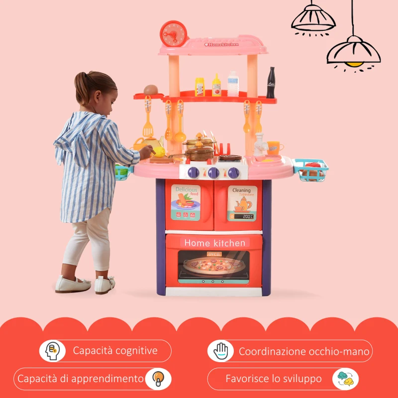HOMCOM Cucina Giocattolo per Bambini con 51 Accessori, Fornelli con Luce e Suoni e Lavandino, Età 3+ Anni, 71.5x35x85.5cm