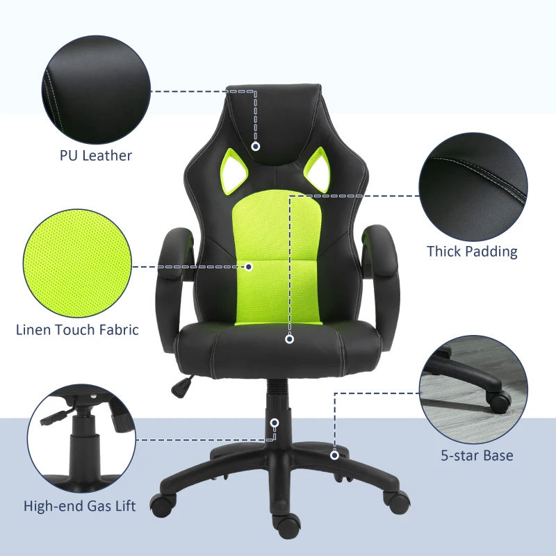 HOMCOM Gaming Chair Swivel Home Office Computer Racing Gamer Desk Chair Faux Leather with Wheels, Black Green