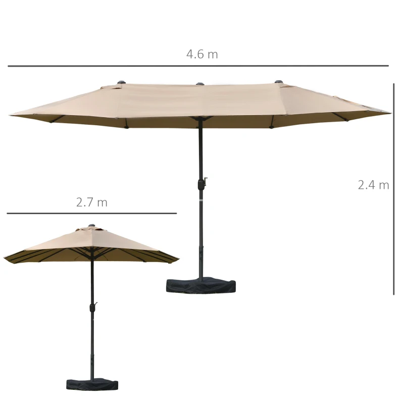 Outsunny Sombrilla Doble Parasol Grande 4,6x2,7m Sombrilla Jardín Patio con Manivela Manual Resistente al Agua y Protección Solar UV para Terraza Playa Piscina Arena