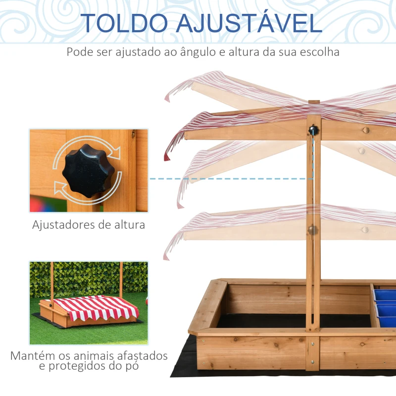 Outsunny Caixa de Areia de Madeira com Teto Inclinável com Altura Ajustável e 2 Baldes de Plástico Caixa de Areia de Jardim para Crianças acima de 3 Anos 107,5x107,5x110cm Natural