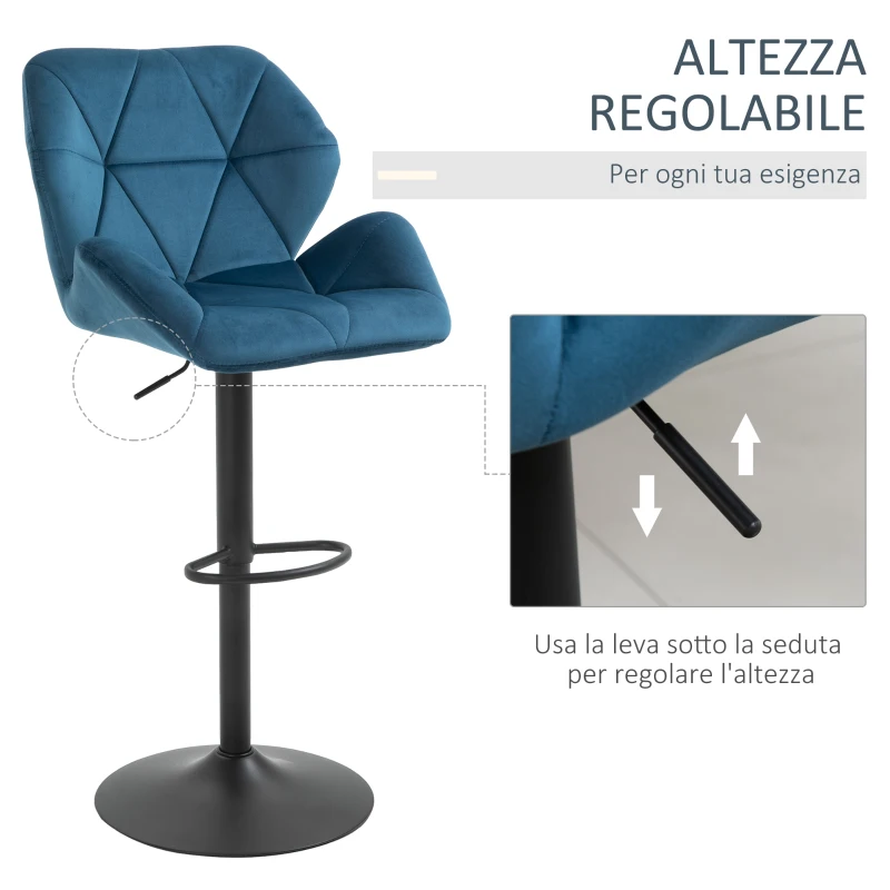 HOMCOM Set di 2 Sgabelli da Bar Alti in Velluto Imbottiti con Altezza Regolabile, Sgabelli Cucina Girevoli con Schienale e Poggiapiedi, 57x58x97-117cm Blu