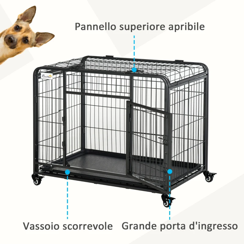 PawHut Kennel Gabbia per Cani Pieghevole Doppia Porta con Blocco 4 Ruote con Freno e Fondo Rimovibile, 109.5x71x78cm
