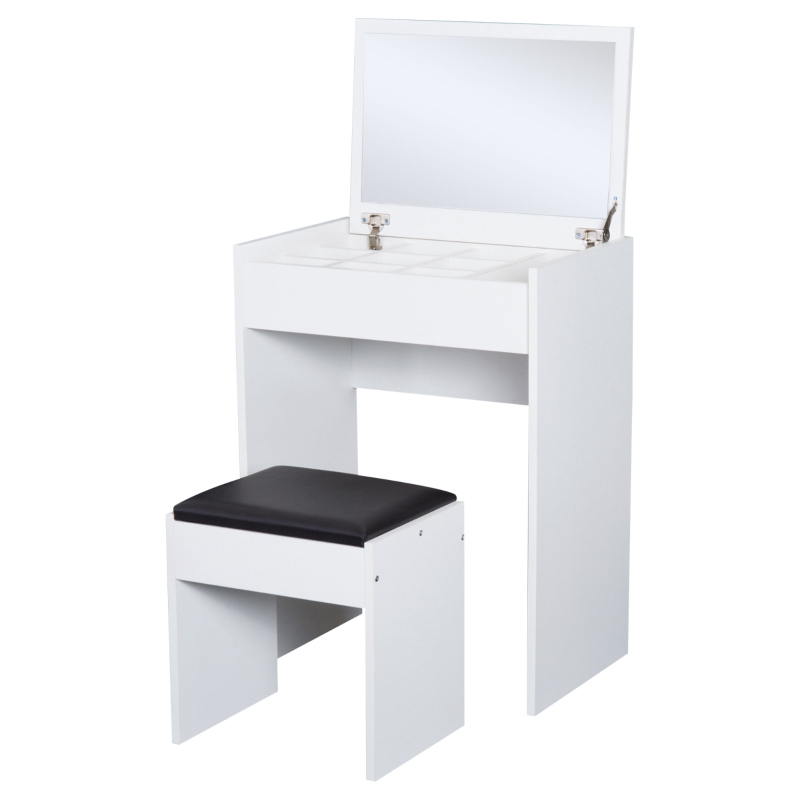 Homcom Tavolo da Trucco con Sgabello Vano Contenitore e Specchio Richiudibile Bianco