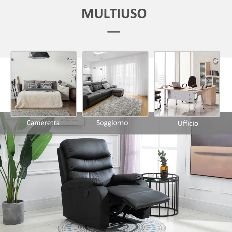 HOMCOM Poltrona Relax Reclinabile con Con Finitura Elegante in Ecopelle e Imbottitura in Spugna ad Alta Densità, 81x90x105cm, Nero