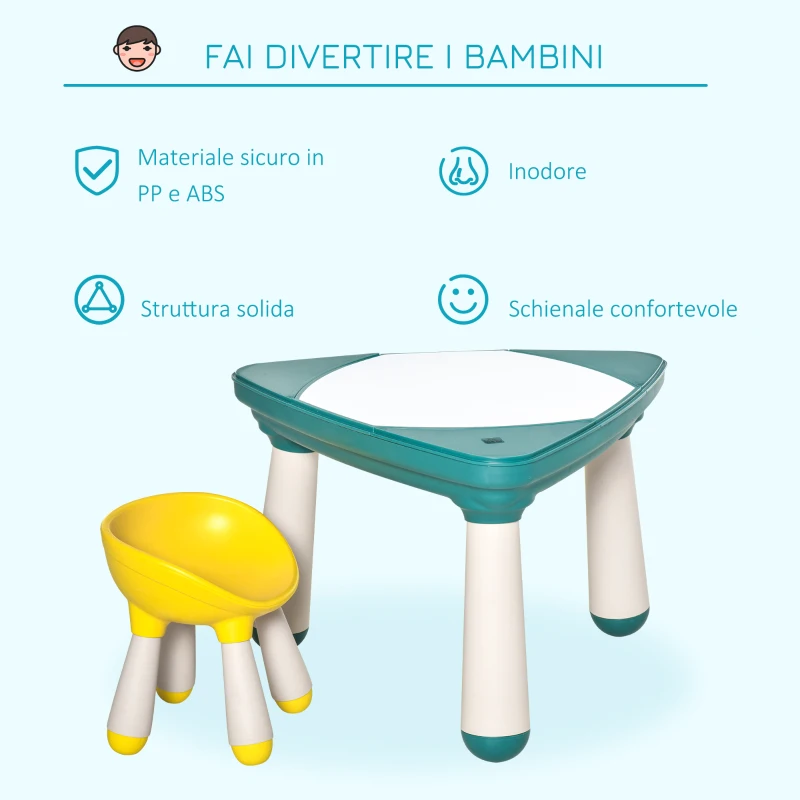 HOMCOM Tavolino per Bambini con Sedia e Vani Contenitore, Gioco Educativo Età 2-5 Anni, ABS e PP Atossici, Giallo e Verde