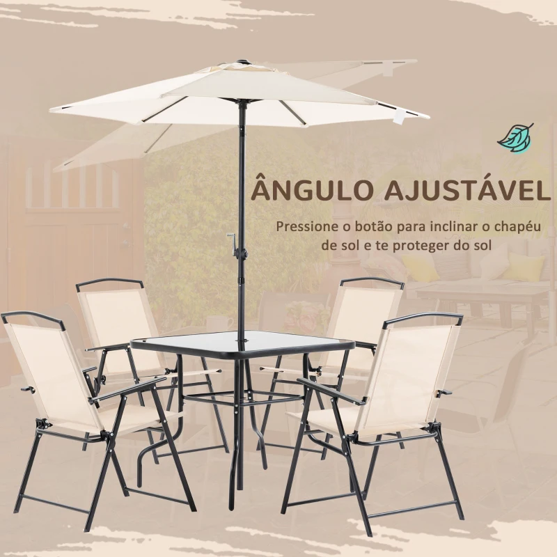 Outsunny Conjunto de Jardim Refeição com 4 Cadeiras Dobráveis Mesa e Chapéu de Sol Inclinável  80x80x70cm Bege