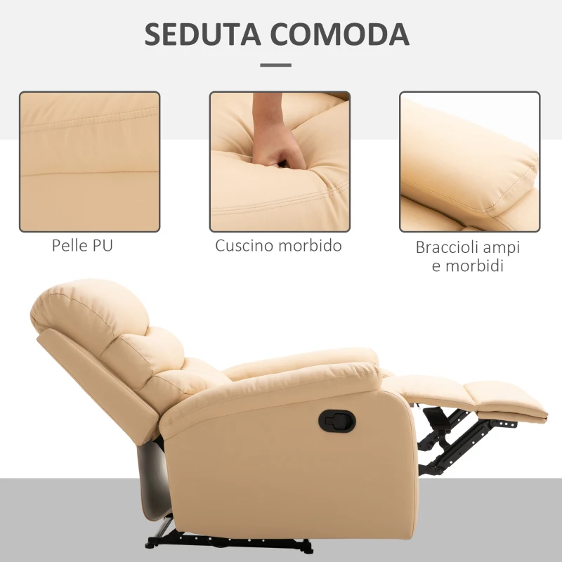 HOMCOM Poltrona Relax Reclinabile con Con Finitura Elegante in Ecopelle e Imbottitura in Spugna ad Alta Densità, 81x90x105cm, Beige