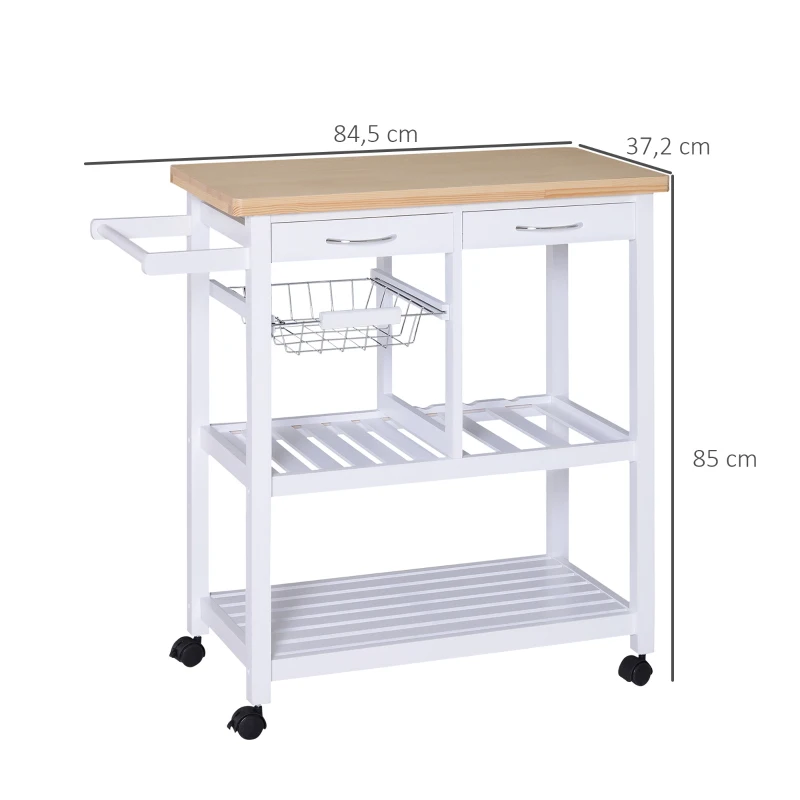 HOMCOM Carrito de Cocina Mesa Servicio Auxiliar Madera y Metal Cromado con 4 Ruedas 2 Cajones y Botellero 85x37x85 cm