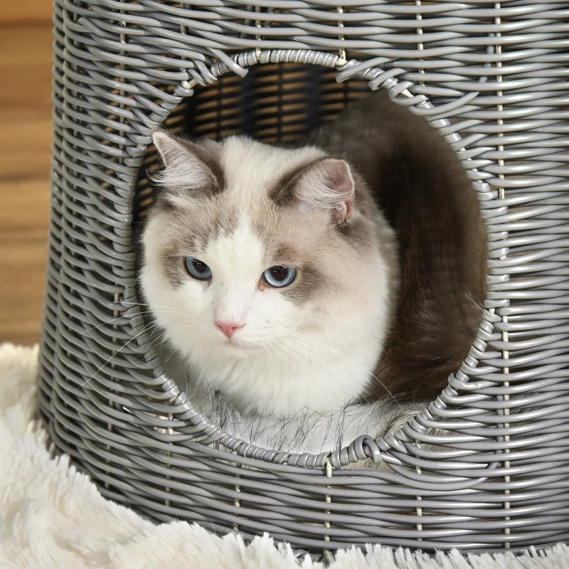 PawHut Cesta de Ratán para Gatos Cama Cueva de 2 Niveles con Cojines Lavables Ø45x50 cm Marrón Oscuro
