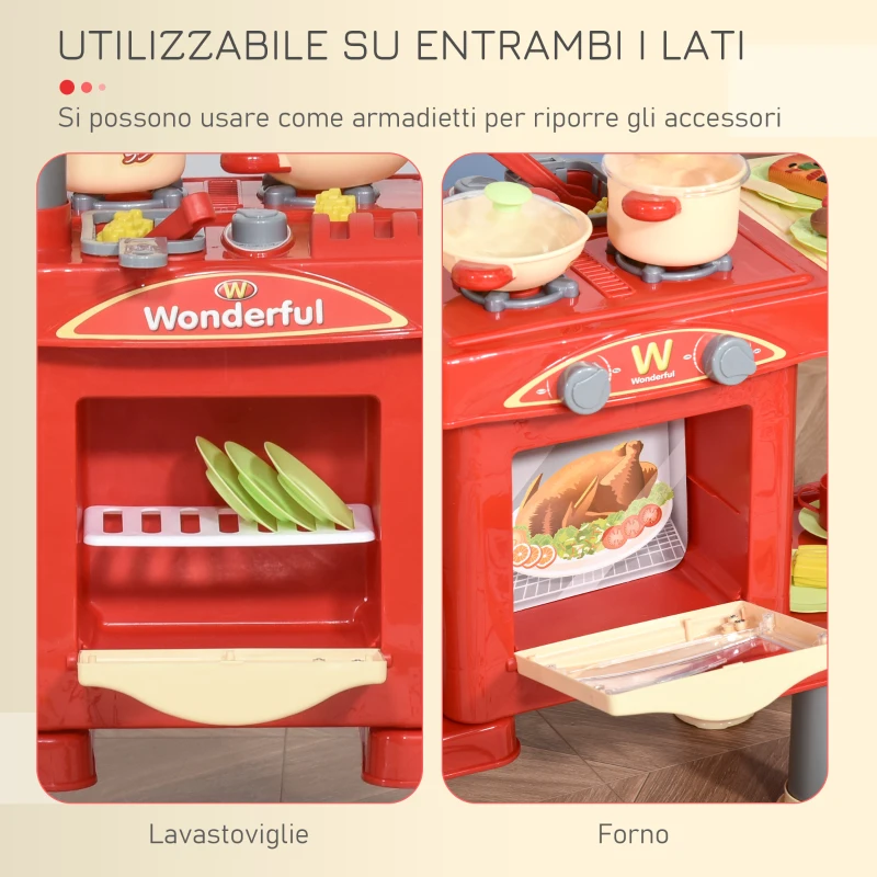 HOMCOM Cucina Giocattolo per Bambini 3-6 Anni con 50 Accessori e Cassa Giocattolo, 69x33x88cm Rosso e Giallo