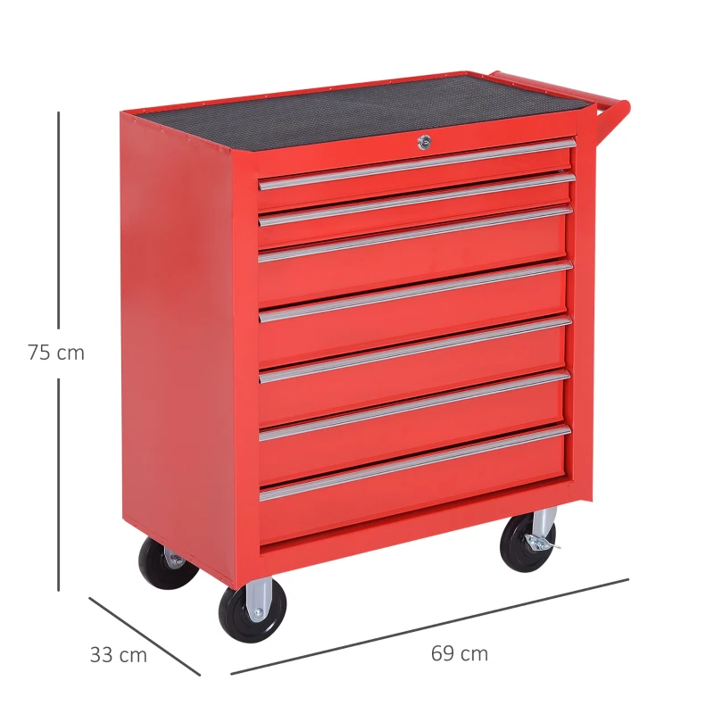 DURHAND Carrinho de Ferramentas com 7 Gavetas Rodas Trava Armário de Armazenamento para Oficina de Garagem e Chapa de Aço 69x33x75 cm Vermelho