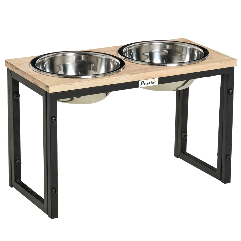 PawHut Comedero para Perros Elevado con 2 Cuencos de Acero Inoxidable Desmontables Alimentador de Agua Comida para Mascotas Grandes Medianos 58x30x35,5 cm Negro y Roble