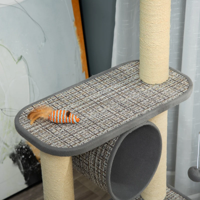 PawHut Albero Tiragraffi per Gatti con Lettino, Tunnel, Pali in Sisal e Palline, 49x49x130cm