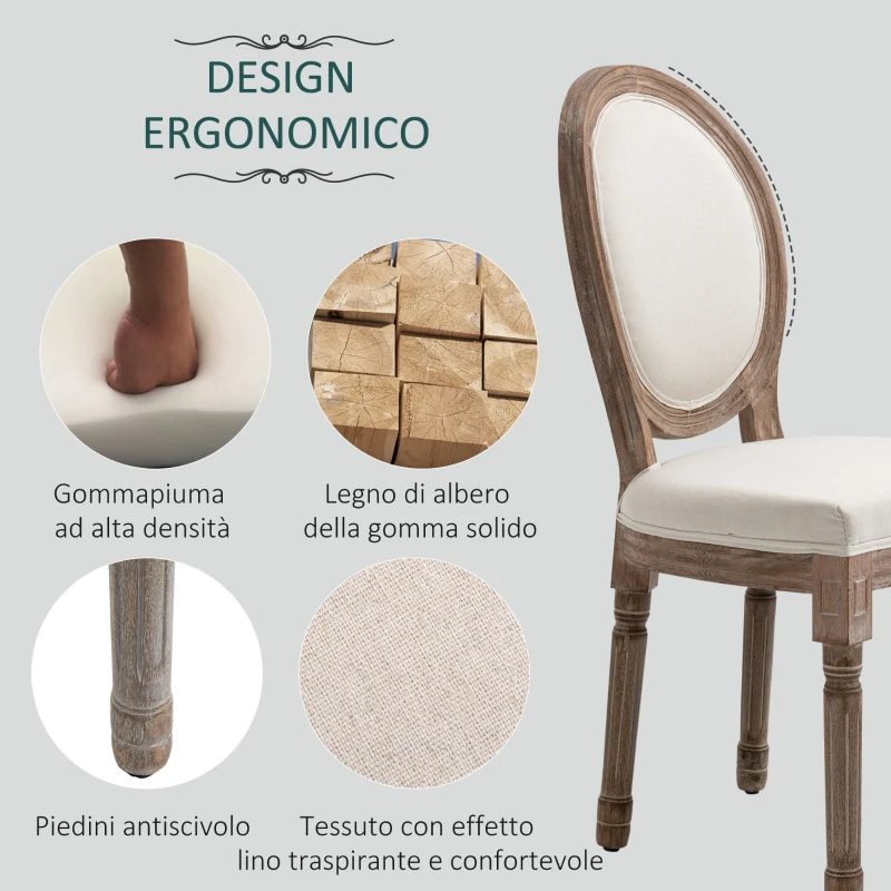 HOMCOM Set 2 Sedie per Soggiorno o Sala da Pranzo Stile Classico Rétro in Legno e Lino con Schienale Medaglione Bianco Avorio