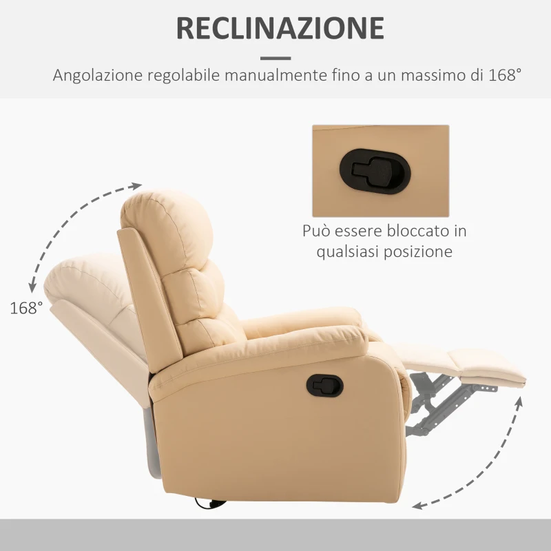 HOMCOM Poltrona Relax Reclinabile con Con Finitura Elegante in Ecopelle e Imbottitura in Spugna ad Alta Densità, 81x90x105cm, Beige