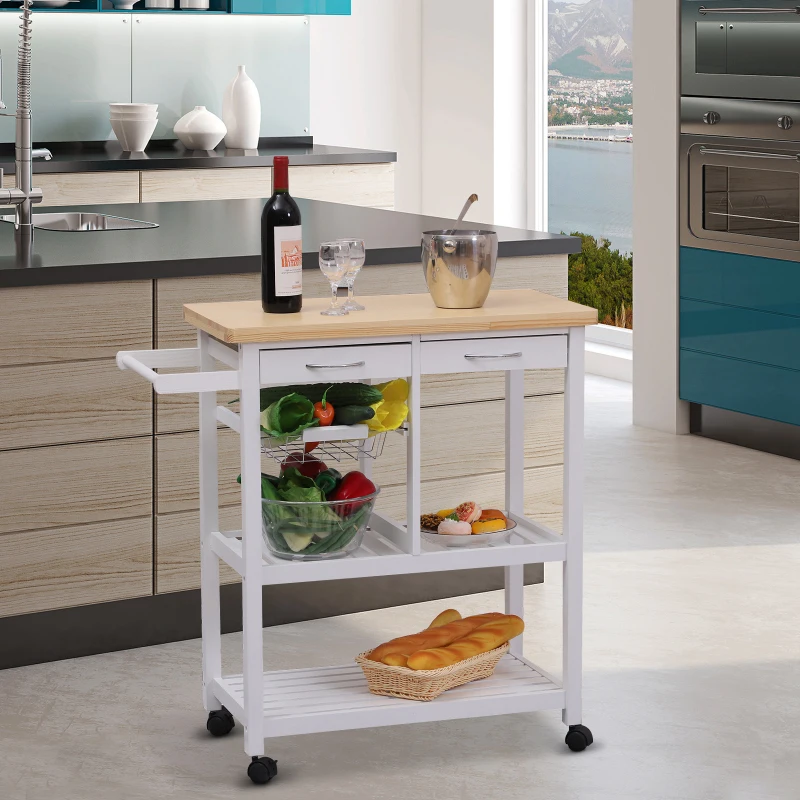 HOMCOM Carrito de Cocina Mesa Servicio Auxiliar Madera y Metal Cromado con 4 Ruedas 2 Cajones y Botellero 85x37x85 cm