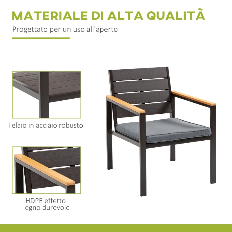 Outsunny Salotto da Giardino Set 4 Pz con Divano da Esterno, Poltrone e Tavolino, Acciaio e Legno, Marrone