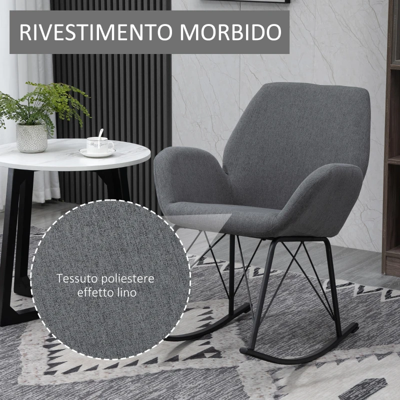 HOMCOM Sedia a Dondolo Moderna Imbottita in Metallo e Tessuto per Soggiorno e Salotto, 65x80x88cm, Grigio