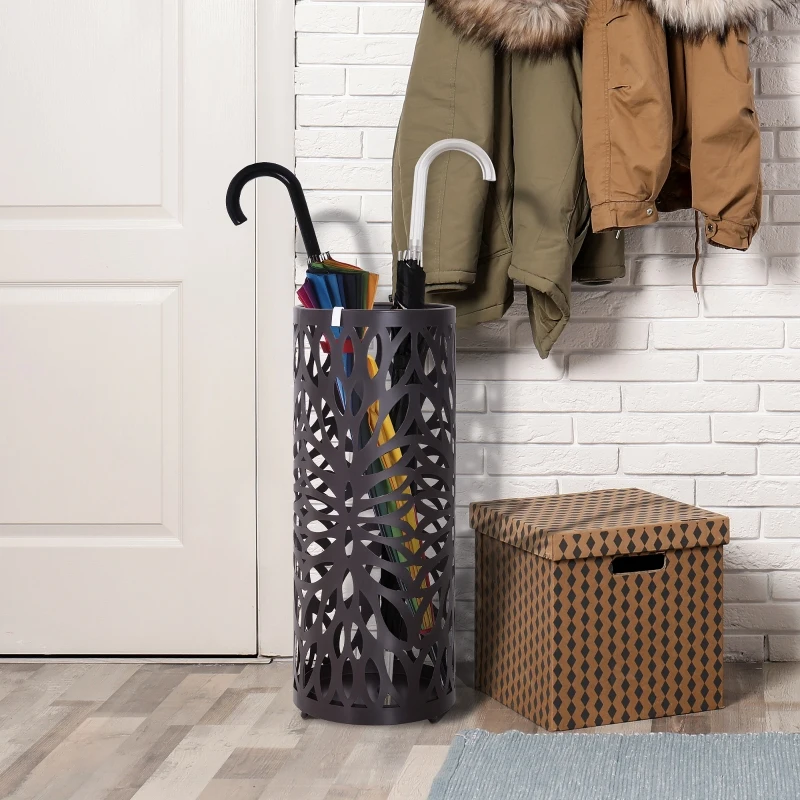 HOMCOM Portaombrelli Design Moderno con 2 Ganci e Salvagoccia, Metallo, Marrone, Φ19,5x50 cm