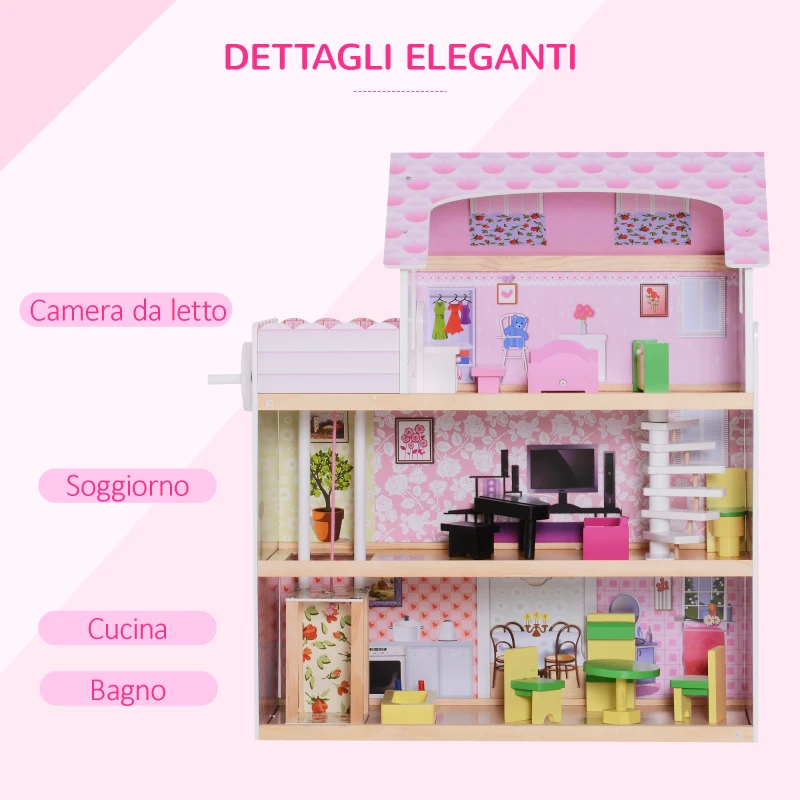 HOMCOM Casa delle Bambole a 3 Piani con Ascensore Mobili 13pz Legno 60×30×71.5cm Rosa