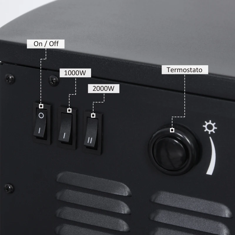 HOMCOM Camino Elettrico con Fiamma Realistica e Temperatura Regolabile, Riscalda 20-25㎡, Acciaio Nero e Vetro Temperato