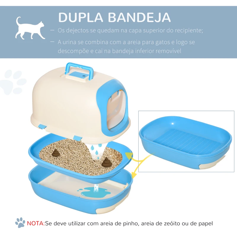PawHut Caixa de Areia para Gatos com Alça de Transporte Duplo Fundo Bandeja Removível Pá e Filtro de Carvão Ativo 63x43x43cm Bege e Azul