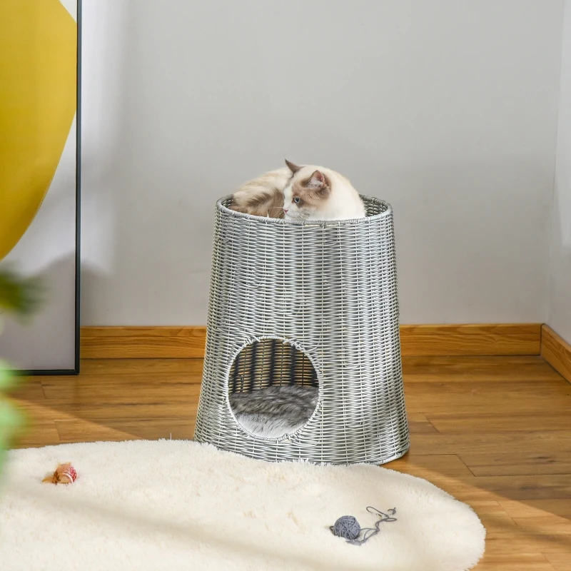 PawHut Cesta de Ratán para Gatos Cama Cueva de 2 Niveles con Cojines Lavables Ø45x50 cm Marrón Oscuro