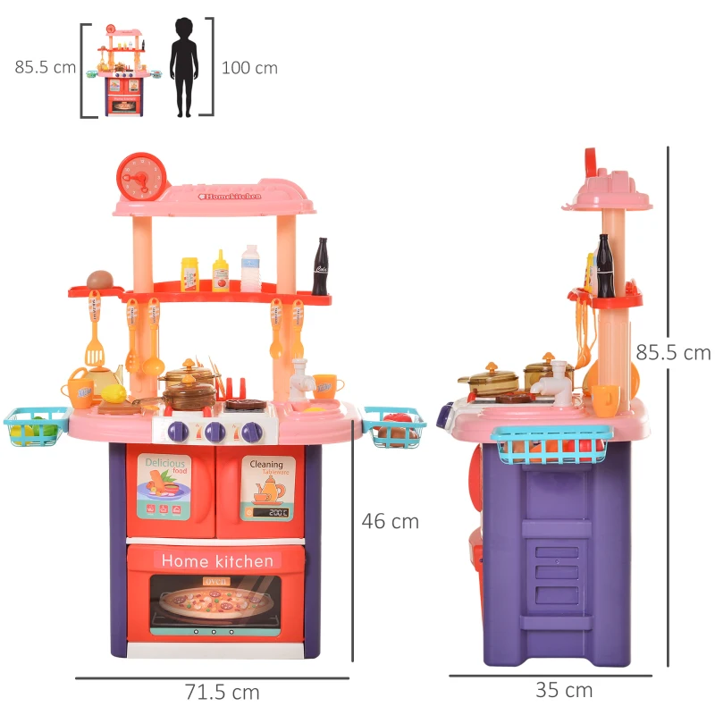 HOMCOM Cucina Giocattolo per Bambini con 51 Accessori, Fornelli con Luce e Suoni e Lavandino, Età 3+ Anni, 71.5x35x85.5cm