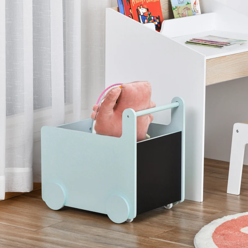 HOMCOM Carrello Porta Giochi per Bambini con 2 Lavagne per Disegnare, Impugnatura e Ruote, Legno MDF, 47x35x45.5cm, Azzurro