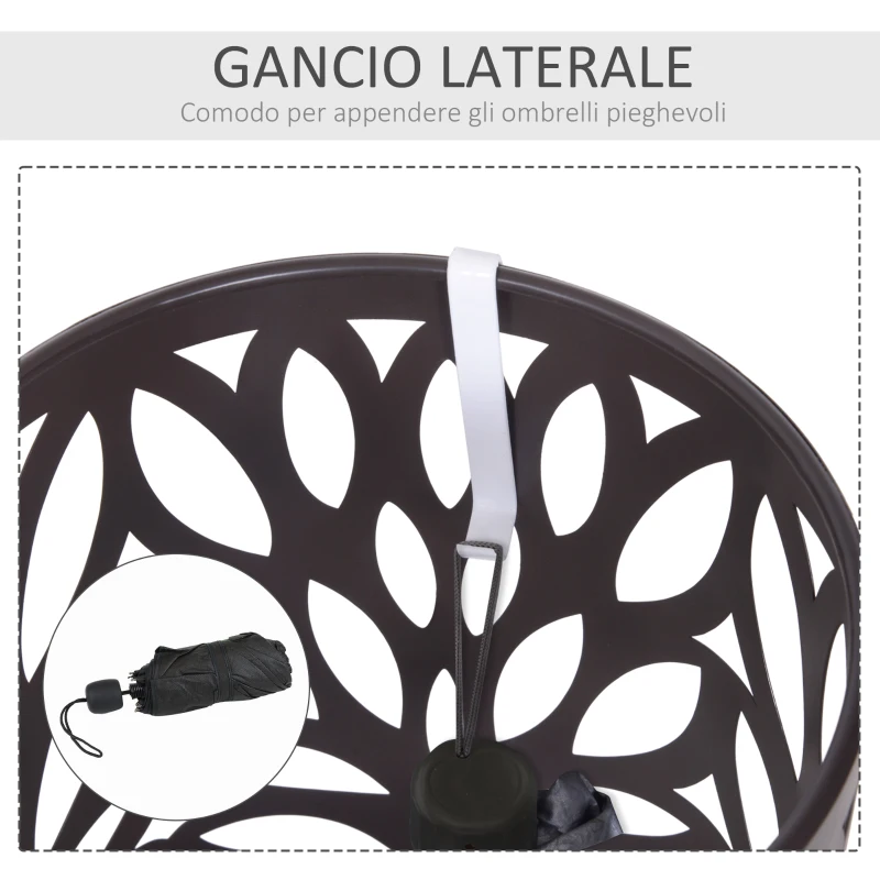HOMCOM Portaombrelli Design Moderno con 2 Ganci e Salvagoccia, Metallo, Marrone, Φ19,5x50 cm