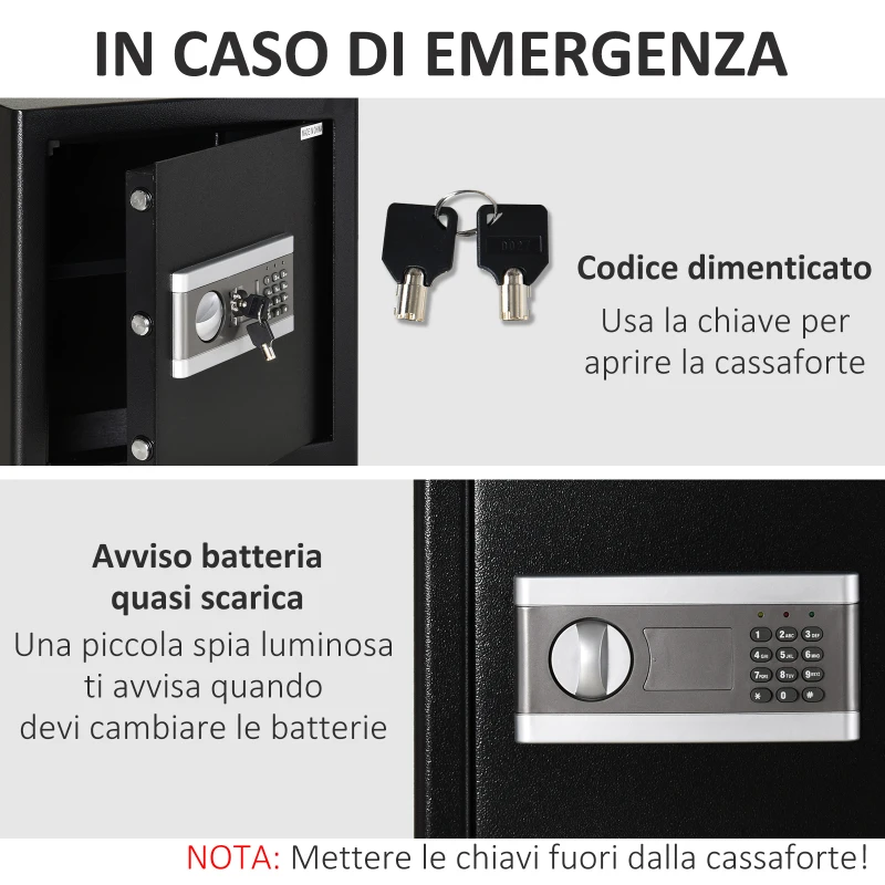 HOMCOM Cassaforte Elettronica in Acciaio Nero, con Chiave e 2 Codici PIN, Fissaggio a Muro o Pavimento, 38x31x42.7cm