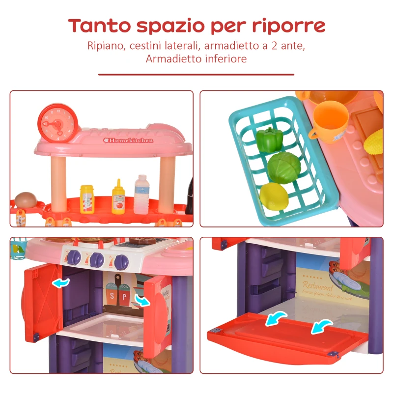 HOMCOM Cucina Giocattolo per Bambini con 51 Accessori, Fornelli con Luce e Suoni e Lavandino, Età 3+ Anni, 71.5x35x85.5cm