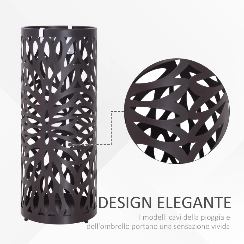 HOMCOM Portaombrelli Design Moderno con 2 Ganci e Salvagoccia, Metallo, Marrone, Φ19,5x50 cm