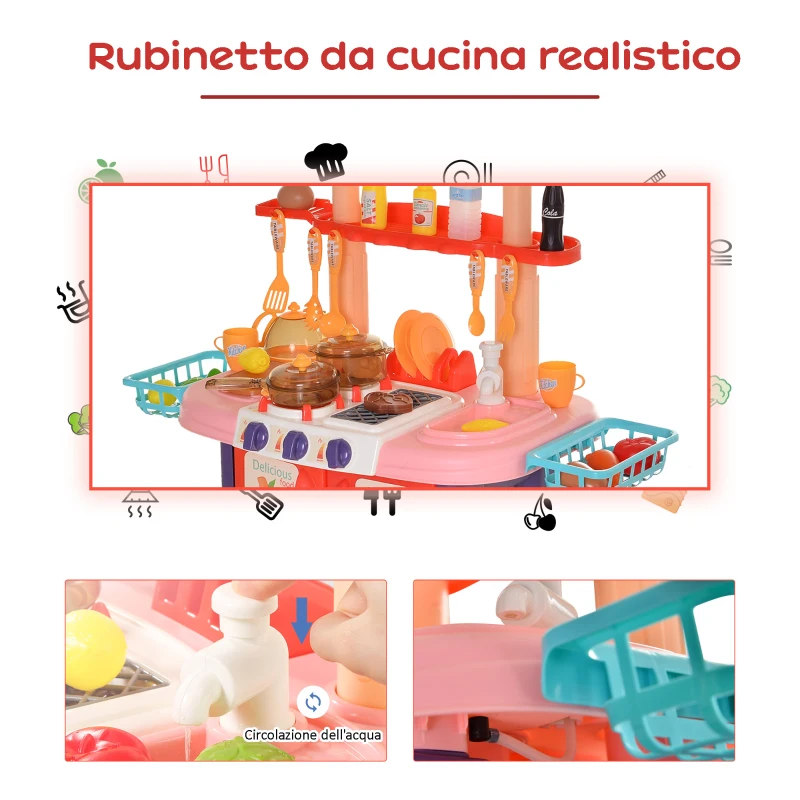 HOMCOM Cucina Giocattolo per Bambini con 51 Accessori, Fornelli con Luce e Suoni e Lavandino, Età 3+ Anni, 71.5x35x85.5cm
