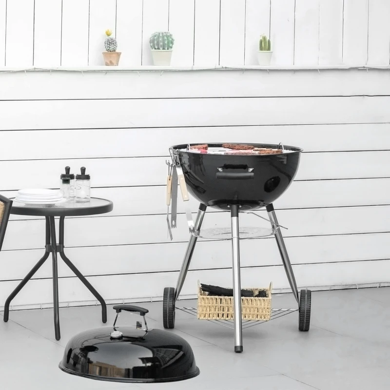 Outsunny Kettle Grill with Knife, Turner, and Grill Tongs, Thermometer, Ash Catcher, Rain Cover, Metal, Black