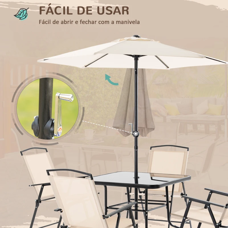 Outsunny Conjunto de Jardim Refeição com 4 Cadeiras Dobráveis Mesa e Chapéu de Sol Inclinável  80x80x70cm Bege