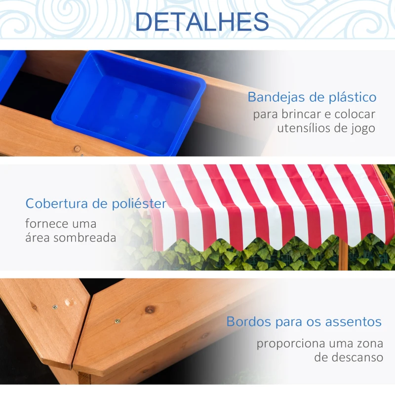 Outsunny Caixa de Areia de Madeira com Teto Inclinável com Altura Ajustável e 2 Baldes de Plástico Caixa de Areia de Jardim para Crianças acima de 3 Anos 107,5x107,5x110cm Natural