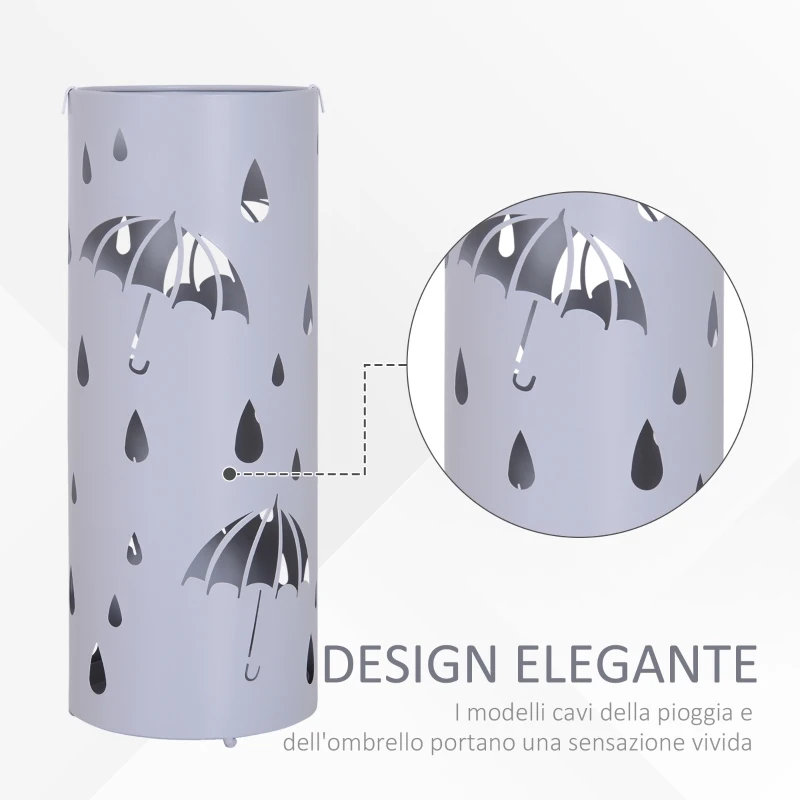 HOMCOM Portaombrelli Design Moderno con 2 Ganci e Salvagoccia, Metallo, Bianco, Φ19x50 cm