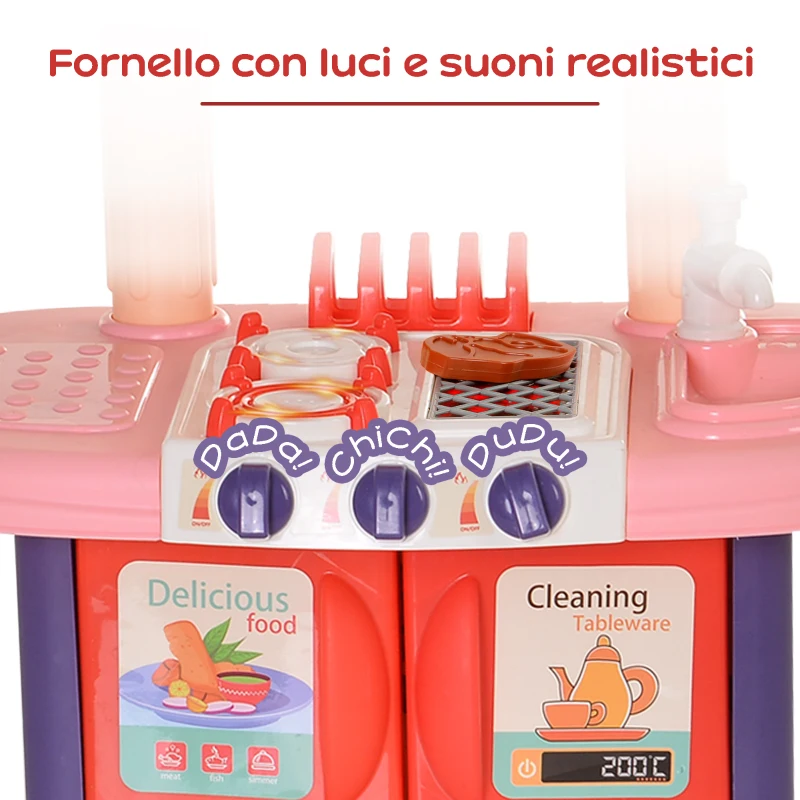 HOMCOM Cucina Giocattolo per Bambini con 51 Accessori, Fornelli con Luce e Suoni e Lavandino, Età 3+ Anni, 71.5x35x85.5cm