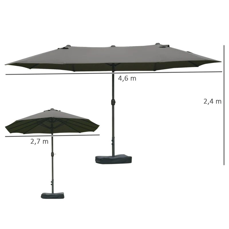 Outsunny Sombrilla Doble Parasol Grande 4,6x2,7m Sombrilla Jardín Patio con Manivela Manual Resistente al Agua y Protección Solar UV para Terraza Playa Piscina Café