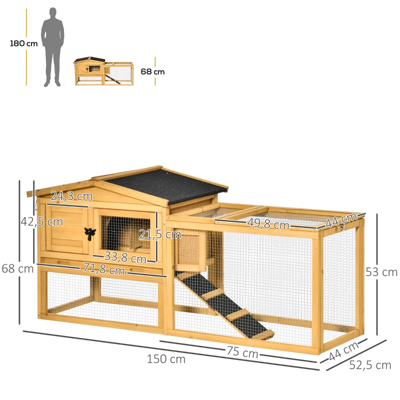 PawHut Conejera de Exterior Hecha de Madera Jaula para Conejos con Múltiples Entradas Bandeja Extraíble y Lavable Gran Espacio Interior 150x52,5x68cm Madera Natural